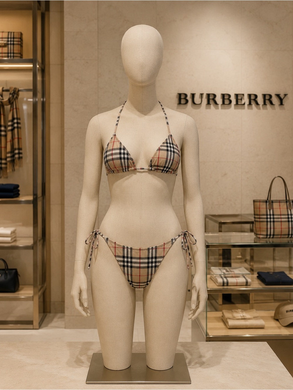 Burberry Beige/Black/Red Check Tie-Side Bikini Set